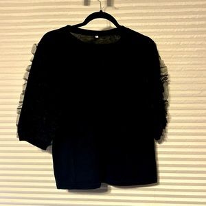 EUc Black Box Tee Shirt with Ruffle Sleeve detail large